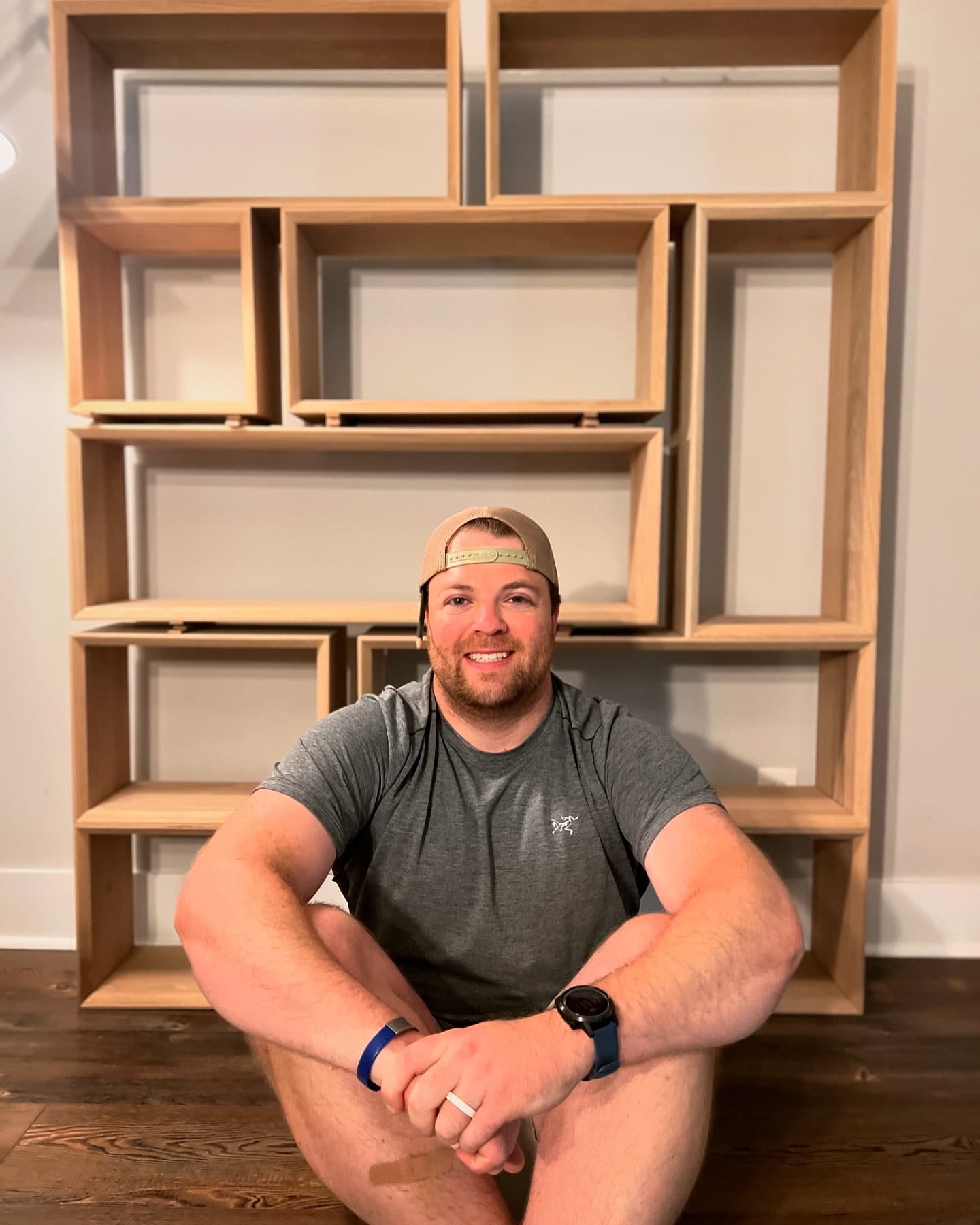 Blake with a custom-built cubby shelf